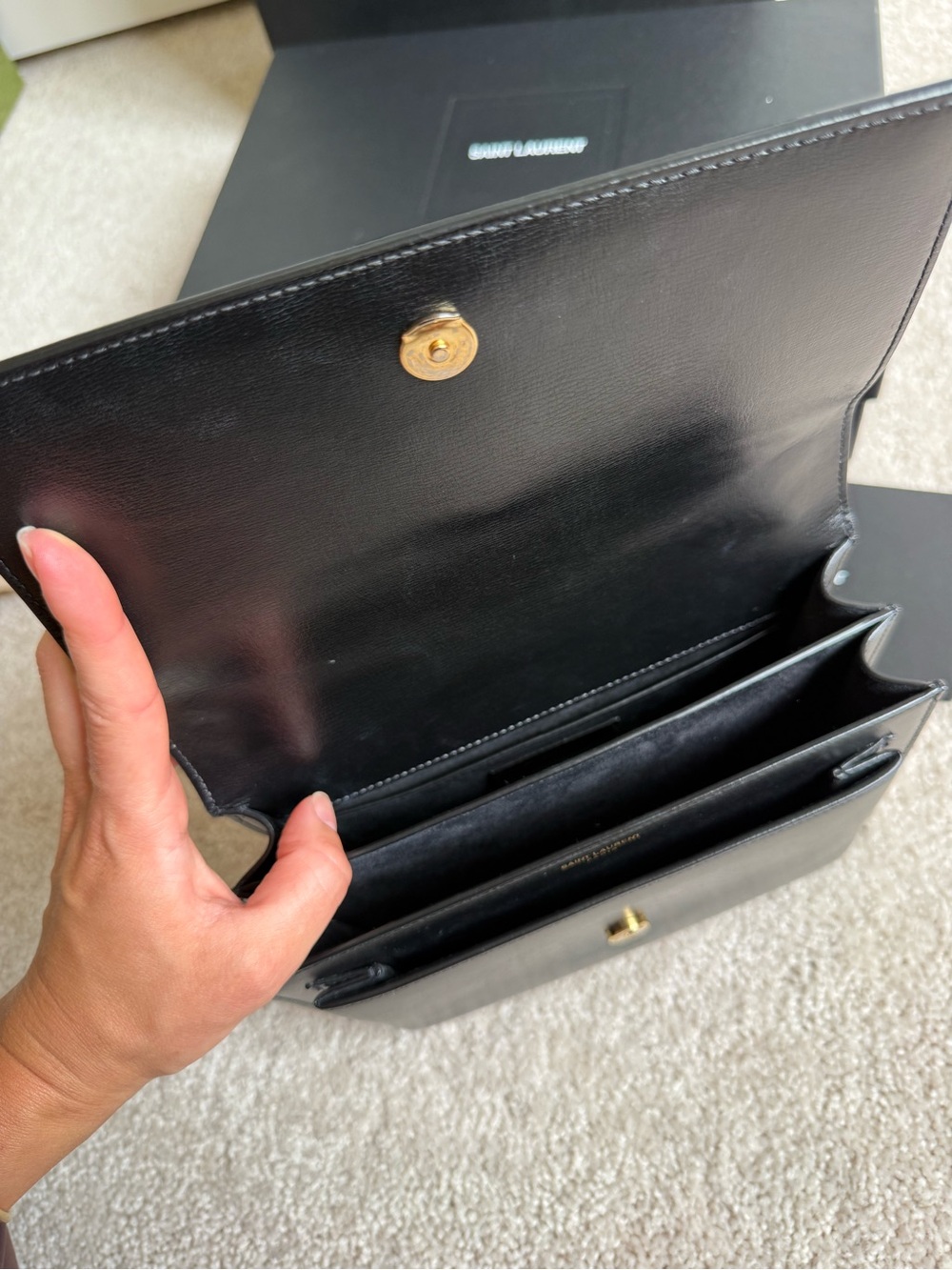 Saint Laurent Black Leather Shoulder Bag with Gold YSL Emblem - Picture 8 of 9